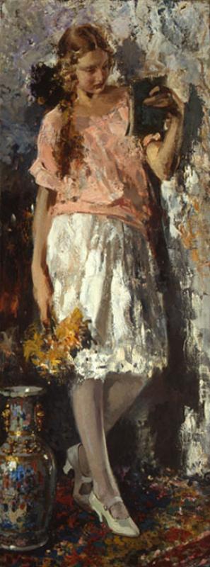 Vincenzo Irolli (Napoli 1860 – 1949), “La lettura”, olio su tela, cm 176,5x66, firmato in basso al margine destro: V. Irolli, Pinacoteca Metropolitana di Bari.